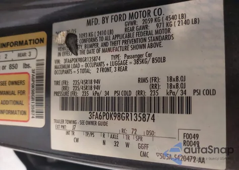 2016 Ford Fusion Titanium z USA, uszkodzony, nr VIN 3FA6P0K98GR135874